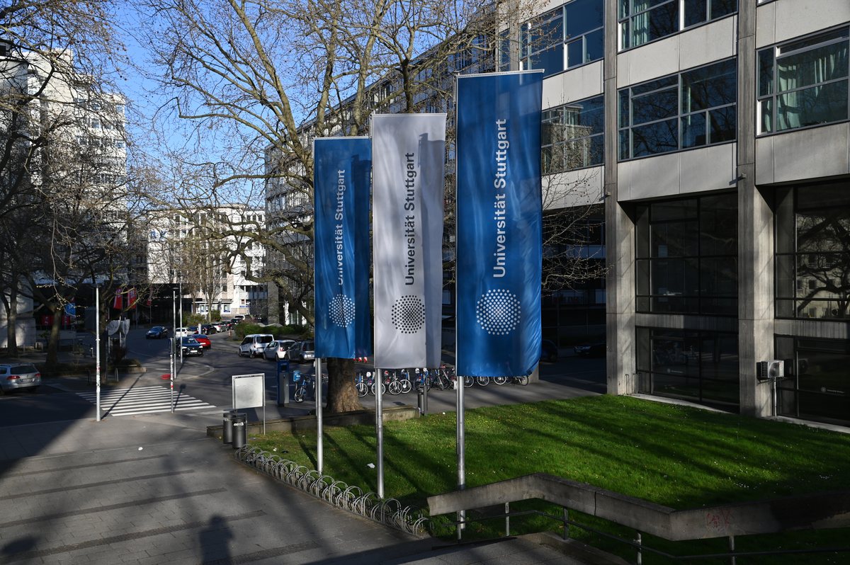 University of Stuttgart Campus Stadtmitte building and university flags